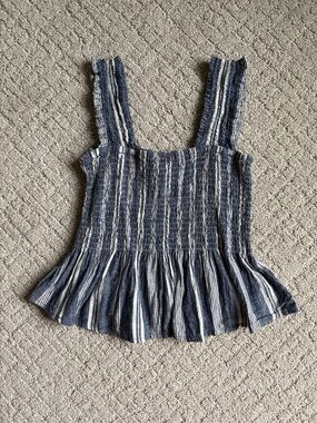 Anthropologie Navy and White Striped Smocked Peplum Cami